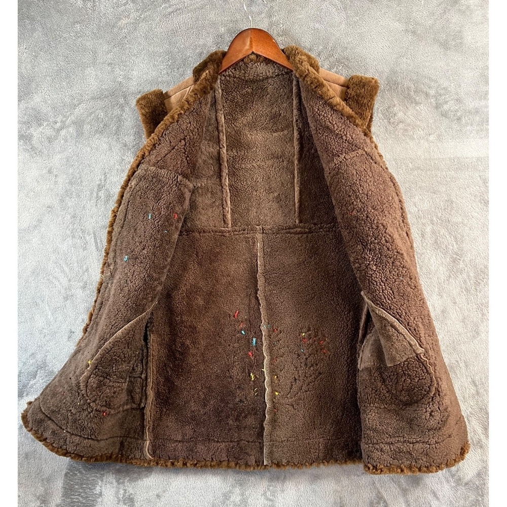 Vintage Afghan Embroidered Suede Shearling Vest Womens Medium Waistcoat - Picture 3 of 16